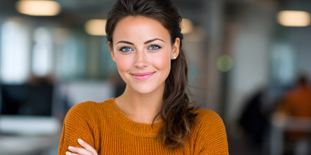 Confident young businesswoman smiling in her office, posing with arms crossedの素材