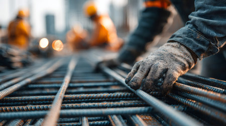 Construction worker's gloved hands arranging steel rebar framework at a building siteの素材