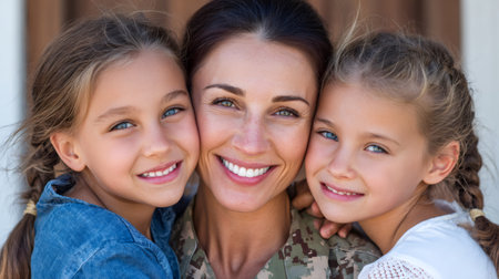 Smiling military mother hugging her two joyful daughters, celebrating a heartfelt reunionの素材