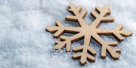 Wooden snowflake ornament resting on a bed of sparkling white snow, creating a winter holiday sceneの素材