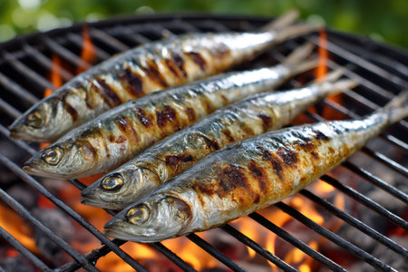 Sardines grilling on barbecue celebrating summer picnic foodの素材