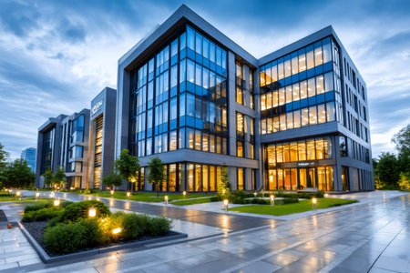 Corporate building exterior showcasing contemporary architecture with illuminated windows at late eveningの素材