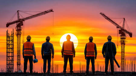 Construction workers standing looking towards the sunset over a building site with cranesの素材