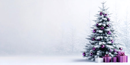 Snowy Christmas tree decorated with purple baubles and gifts among a winter landscapeの素材