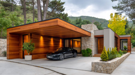 Modern luxury house with wood and stone cladding, integrated carport, and an electric carの素材