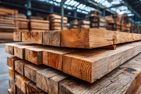 Stacked wooden planks awaiting use, showcasing wood material in a warehouse settingの素材