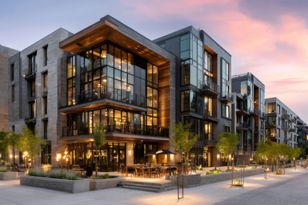 Modern residential and commercial building with an outdoor dining area at duskの素材
