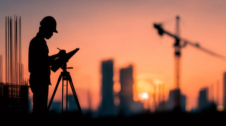 Engineer silhouette standing at a construction site planning a new urban development at sunsetの素材