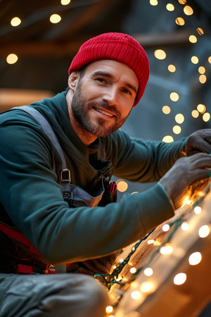 Man in red beanie and work overalls installing glowing holiday string lightsの素材