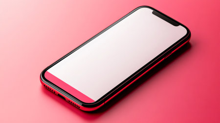 Smartphone with a blank screen display for inserting custom content on a red surfaceの素材