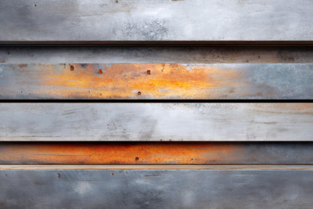 Stacked metal bars presenting grunge texture with areas of rust and corrosionの素材