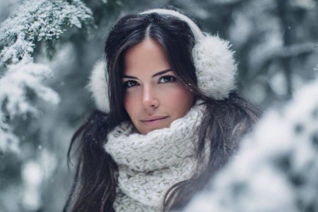 Young woman enjoying cold winter weather wearing earmuffs and scarfの素材