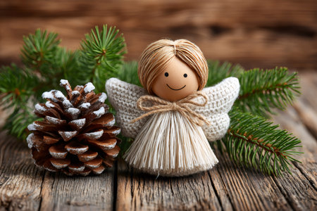 Creating a rustic Christmas scene with a handmade angel and wintry accents on woodの素材