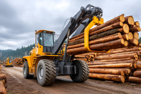 Yellow log loader lifting cut tree trunks during logging operationsの素材