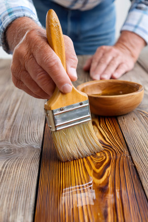 Person's hand brushing wood with protective varnish, enhancing natural grainの素材