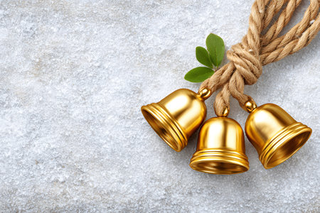 Golden christmas bells with green leaves hanging from a rope on a snowy backgroundの素材