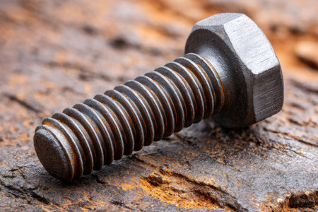 Close up of a steel threaded bolt resting on an aged rough metal backgroundの素材