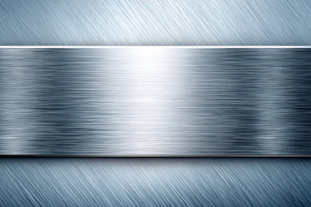 Brushed blue metal panels featuring a shiny horizontal metallic plaque, providing a modern backgroundの素材