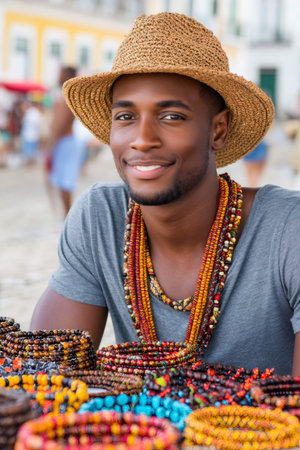 African entrepreneur wearing a straw hat and necklaces, selling colorful beaded jewelry at a marketの素材