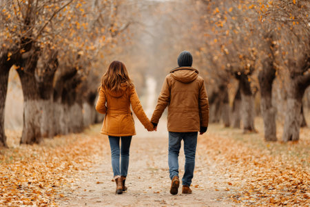 Couple walking through a park alley filled with autumn leaves, holding handsの素材