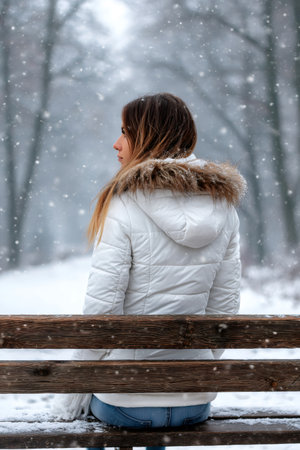 Young woman sitting alone on a wooden park bench during winter, experiencing solitudeの素材