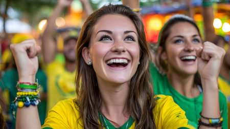 Excited young women wearing national colors celebrating goal at football matchの素材