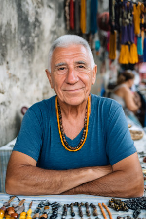 Senior man smiling, selling handmade bead jewelry at an outdoor market stallの素材