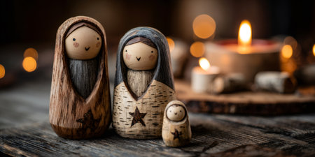 Wooden holy family figurines creating a rustic Christmas nativity scene with candlelightの素材