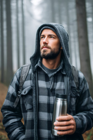 Man wearing hoodie and plaid shirt holding a thermos bottle looking up in a misty forestの素材