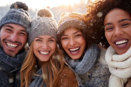 Group of four happy young adults smiling during snowy winter outdoor activityの素材