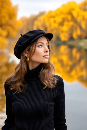Young woman in beret and turtleneck looking thoughtful by lake with fall foliageの素材