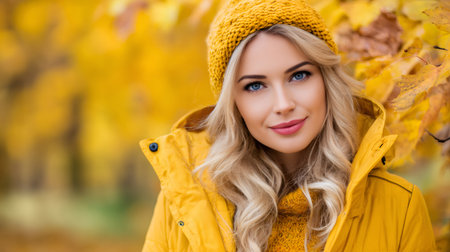 Woman with blonde hair and blue eyes wearing warm clothing smiling in fall foliageの素材