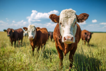 Hereford breed beef cattle looking at camera, standing in a sunny green field under blue skyの素材
