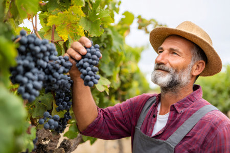 Senior man in straw hat inspecting ripening red grapes on a vine at a vineyardの素材