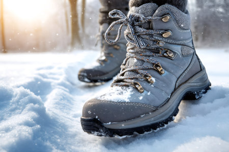 Person wearing warm outdoor boots walking on a snowy path during winterの素材