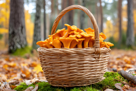 Foraging fresh chanterelle mushrooms in a woodland during autumn seasonの素材