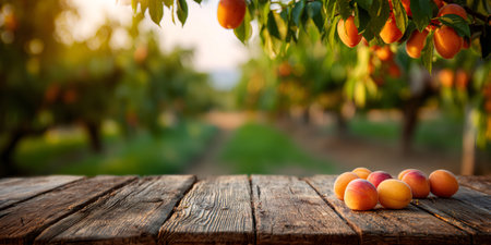 Freshly picked peaches and apricots resting on a wooden table, overlooking a fruit orchard at sunsetの素材