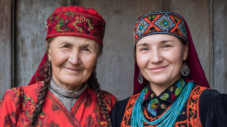 Two women representing different generations are smiling while wearing traditional embroidered clothingの素材