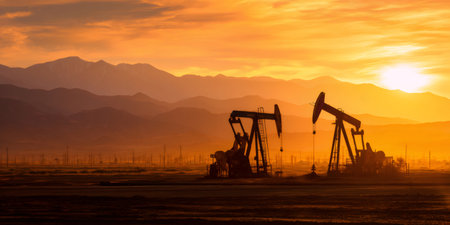 Oil pump jacks silhouetted against a golden sunset with mountains in the backgroundの素材