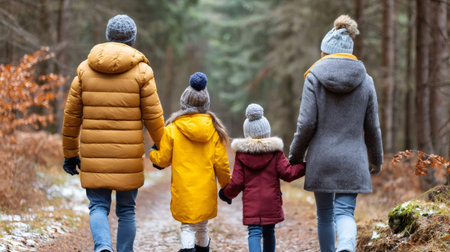 Family enjoying nature together on a cold winter day, walking hand in hand through a forestの素材