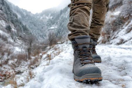 Person hiking winter mountain trail, wearing snow boots on a snowy pathの素材