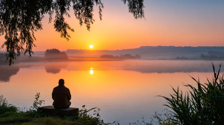 Man sitting by a calm lake at sunrise, watching the sun reflected on water with mistの素材