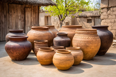 Group of handcrafted earthenware vessels on a sunny day in an ancient village settingの素材