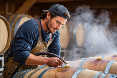 Winemaker steaming an oak barrel during the wine production process in a winery cellarの素材