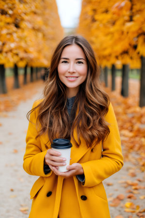 Young woman smiling, standing in a park with fall foliage, holding a disposable coffee cupの素材