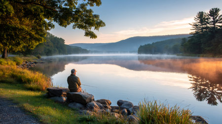 Man fishing from shore, enjoying solitude on misty lake reflecting a colorful sunriseの素材