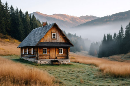 Log cabin standing on a grassy hill, surrounded by forest and misty mountain peaksの素材