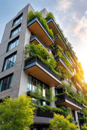 Modern building integrating green balconies and lush vertical gardens under natural lightの素材