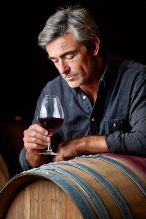 Winemaker inspecting red wine in a glass, resting on a wooden barrel in a dark cellarの素材