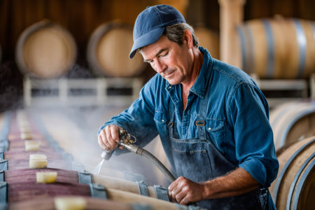 Winemaker cleaning oak barrels with a high pressure hose, preparing them for wine productionの素材